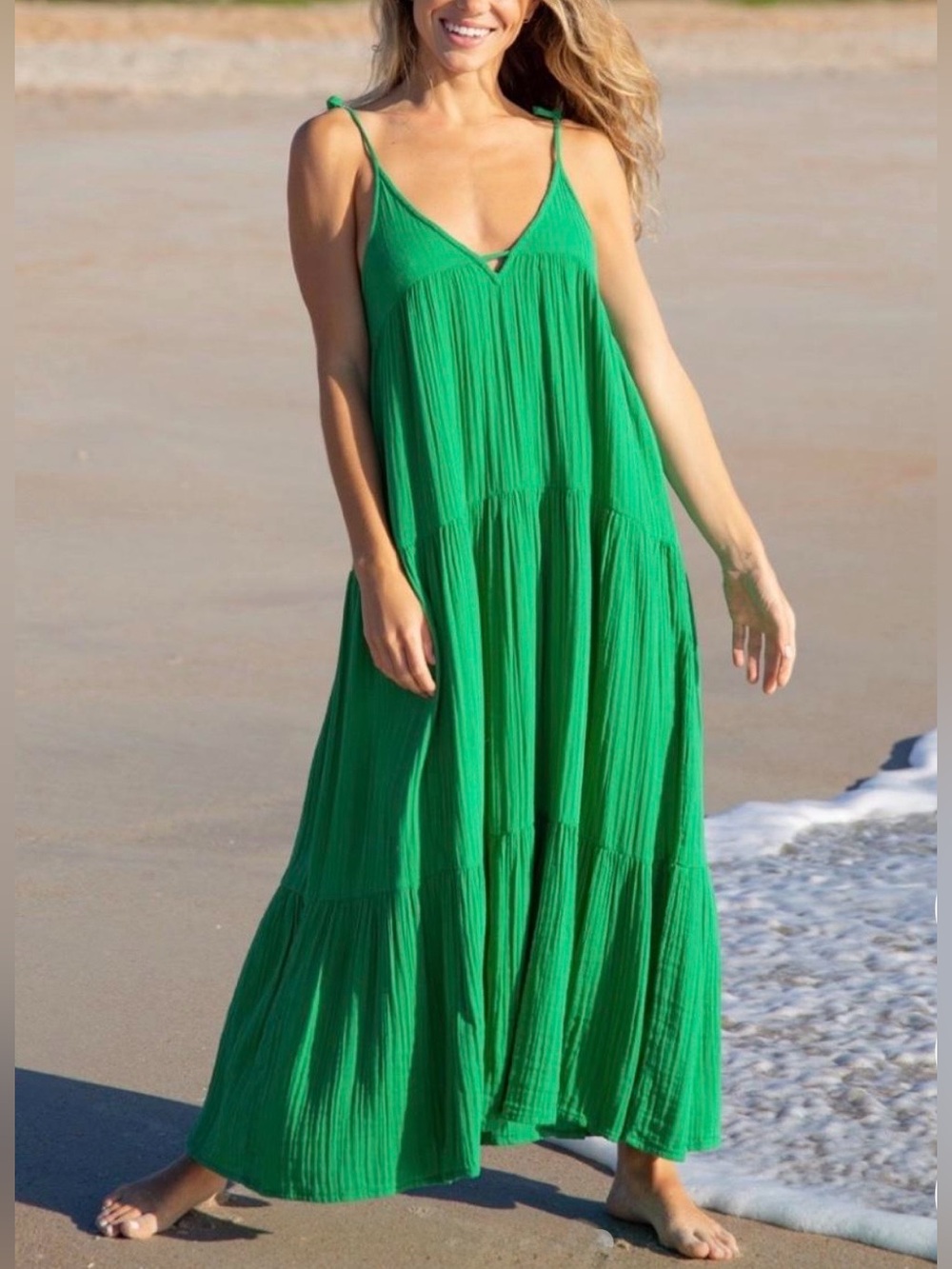 Natural Life Kelly Green Gauze Tie Strap Tiered Maxi Dress Boho Coastal Chic